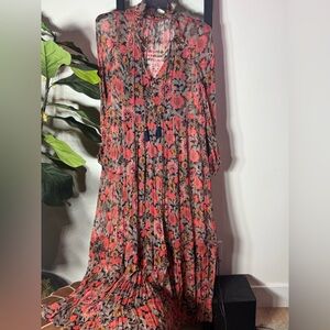 Anthropologie Pink and Black Floral Maxi Dress